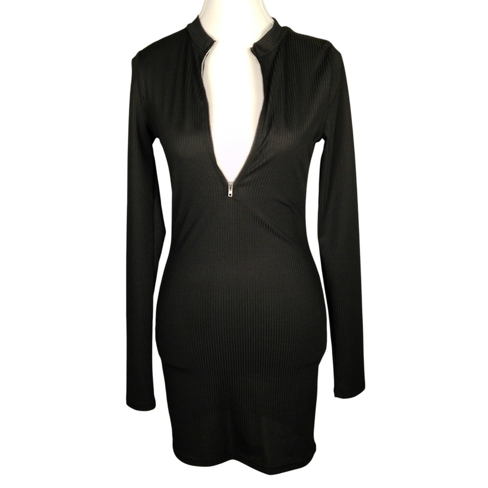 NWOT‎ SHEIN Black Ribbed Zip Neck Long Sleeve Bodycon Mini Dress Size M